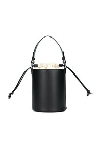 Black leather bucket bag with a soft beige drawstring closure. Features a curved handle and adjustable straps for versatility.