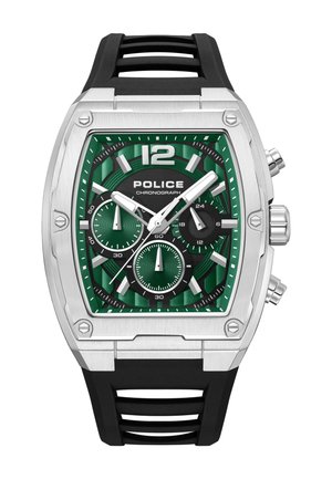 Rektangulært chronograph-ur i rustfrit stål med grøn og sort urskive, hvide markører, tre underurskiver og sort gummirem.