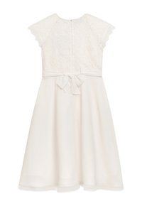 Weißes Kleid mit einem Spitzenoberteil, kurzen Puffärmeln und einem glatten Rock. Enthält einen Reißverschluss auf der Rückseite und eine Stoffschleife in der Taille.