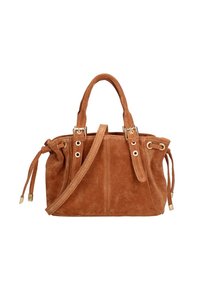 Borsa in suede marrone con due manici superiori, hardware dorato e tracolla regolabile. Caratterizzata da dettagli con coulisse e forma strutturata.