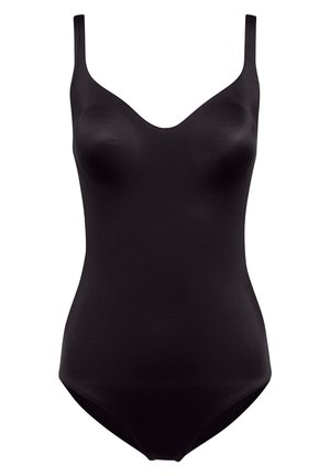 Zwart badpak met een v-halsontwerp, dunne bandjes en een zachte textuur. Het heeft een aansluitende pasvorm en een gematigde beenuitsnede.