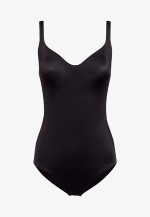 Svart baddräkt med v-ringad design, tunna axelremmar och en mjuk struktur. Den har en figurnära silhuett och en måttlig benöppning.