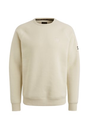 Sweatshirt beige en mélange de coton doux avec un col rond et des poignets côtelés. Présente un petit logo sur la poitrine et sur la manche latérale.