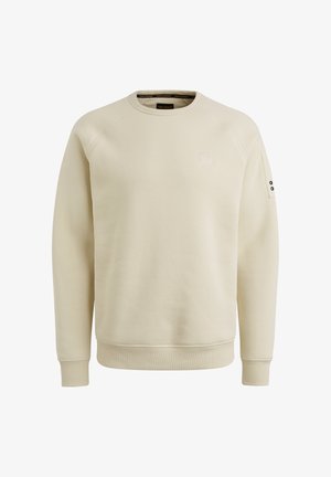 Beige huppari, joka on valmistettu pehmeästä puuvillasekoitteesta, jossa on rundikaula-aukko ja ribbadut hihansuut. Sisältää pienen logon rinnassa ja hihan sivussa.