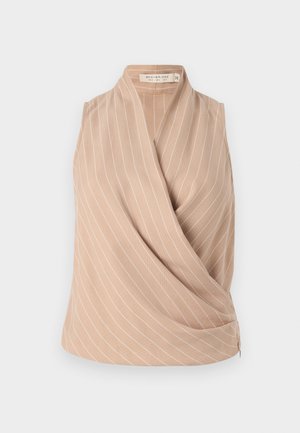 Beige sleeveless top with a wrap design, featuring white vertical stripes. Made from lightweight fabric with a smooth texture.