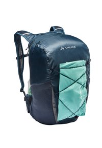 Sac à dos Vaude léger de couleur bleue avec des bretelles en mesh, un cordon élastique à l'avant et une poche d'accent verte. Il présente un design épuré et un matériau durable.