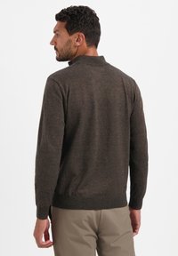 Bruine gebreide trui met een hoge kraag, lange mouwen en een zachte textuur, met een strakke zoom en een ontwerp aan de achterkant.
