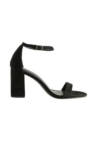 Sandale cu toc înalt din suede negru, cu un toc gros, curea pentru gleznă și design cu vârf deschis. Textură netedă cu detalii stilistice minimaliste.
