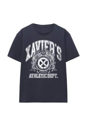 Navy blue cotton T-shirt featuring a large white graphic print with text, ornate design, and athletic department theme. Short sleeves and crew neck.