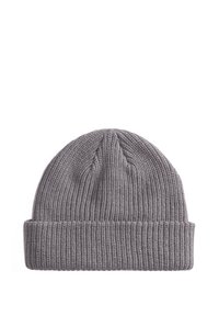 Gray knitted wool beanie with a folded cuff, showing a ribbed texture and simple round shape.