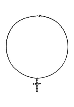 Black metal necklace with a fine chain and a ball-accented cross pendant, featuring a clasp closure for secure wear.