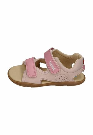 Light pink children's sandal with two adjustable Velcro straps and a soft brown sole, designed for comfort and support.
