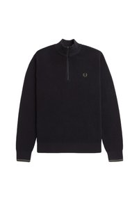 Maglione nero lavorato a maglia con colletto alto e zip corta. Presenta un logo ricamato verde sul petto e polsini a righe.