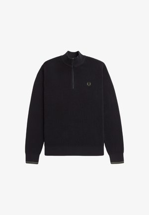 Pull en tricot noir avec un col haut et une courte fermeture éclair. Il présente un logo brodé vert sur la poitrine et des poignets rayés.