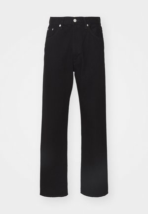 Black denim jeans with a straight leg design, featuring a button and zipper closure, two front pockets, and simple stitching details.