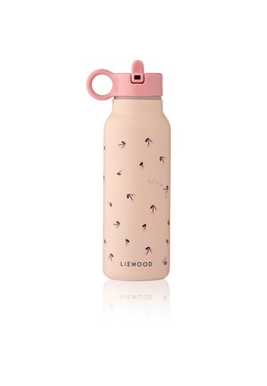 Pink genanvendelig vandflaske med sorte og pink pilmønstre, et løkke flip-top låg og "LIEWOOD" logo ved bunden.