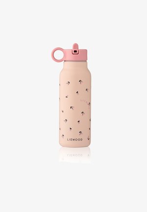 Pink genanvendelig vandflaske med sorte og pink pilmønstre, et løkke flip-top låg og "LIEWOOD" logo ved bunden.