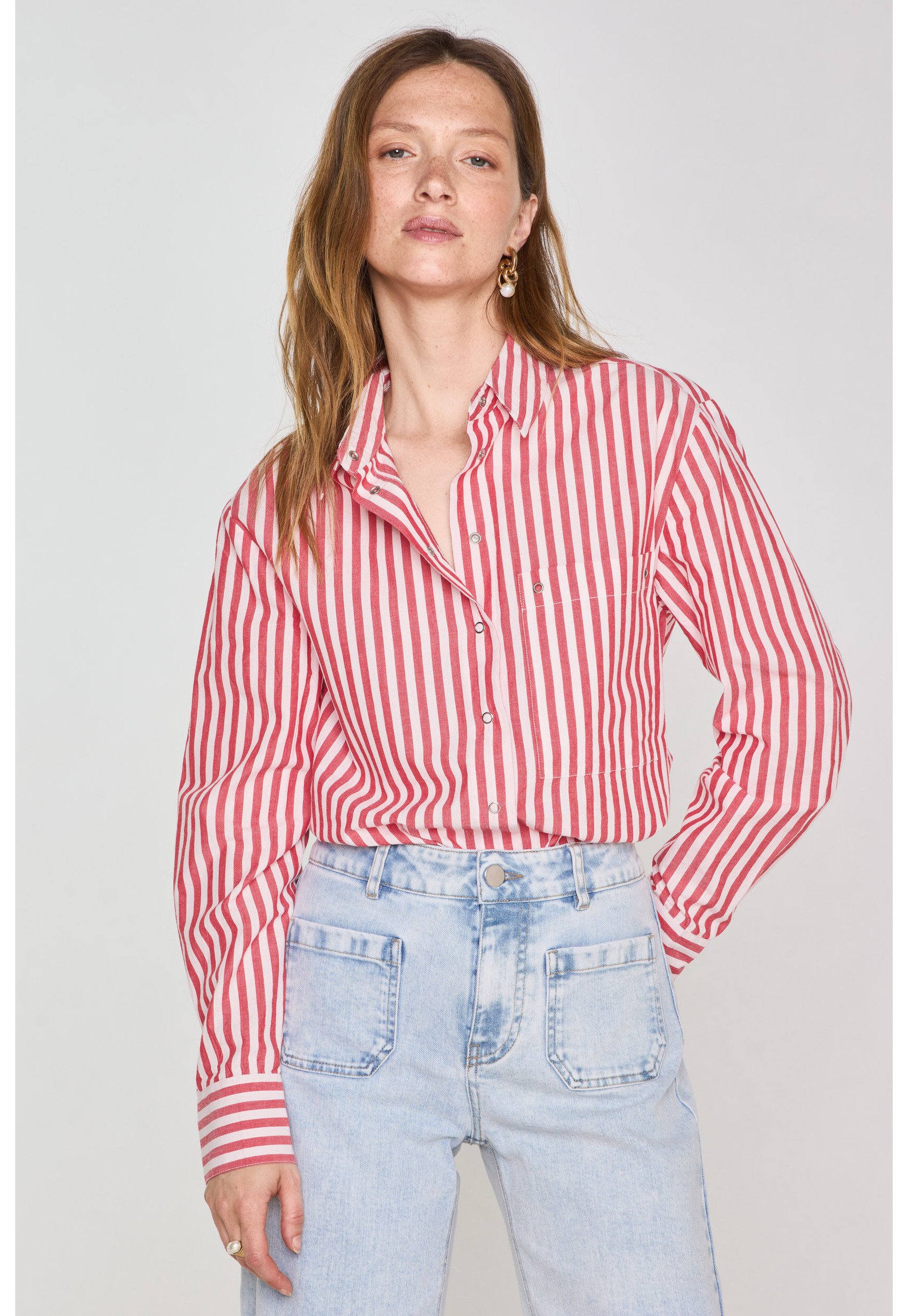 Chemisier Femme à Col Rond Imprimé Floral Et Rayé Rouge - Manches Courtes - Tissu Léger Pour été/printemps - 9