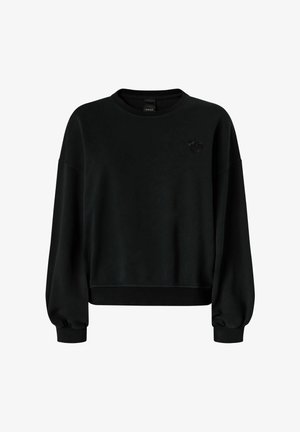 Felpa nera realizzata in tessuto morbido, con scollo rotondo, maniche lunghe e un piccolo logo testurizzato sul petto.