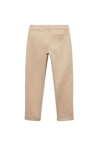 Pantalons en coton beige avec une coupe droite, dotés de deux poches arrière et de poignets roulés pour une finition décontractée.