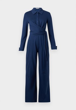 Navyblauw wikkel-jumpsuit met lange mouwen, een puntige kraag, knoopsluiting aan de voorkant en een strik taille. Gemaakt van een soepele, rekbare stof.