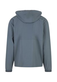Gray hooded jacket with long sleeves, elastic cuffs, and a simple design. Features a back yoke and brand logo on the cuff.
