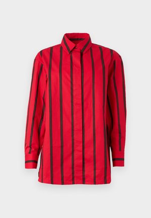 Red button-up shirt with vertical black stripes, long sleeves, a collar, and a straight hem. Made of lightweight fabric.
