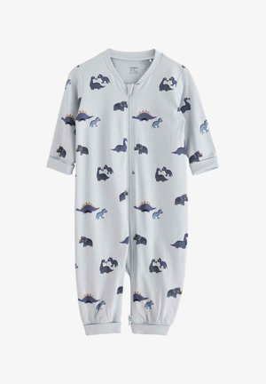 Lichtgrijze zip-up romper met een verscheidenheid aan dinosauruspatronen in donkerblauw, zwart en teal. Lange mouwen met gebribbelde boorden.