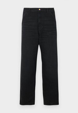 Black denim pants with a straight leg design, featuring a front button closure, two side pockets, and subtle texture.