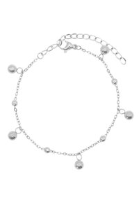 Braccialetto in argento con piccole perle rotonde, texture liscia e chiusura a moschettone con catena regolabile in lunghezza.