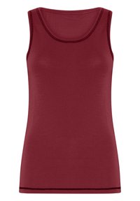 Mørkerød tanktop med rund udskæring, lavet af blødt stof. Har tynde stropper og diskrete sømdetaljer langs kanterne.