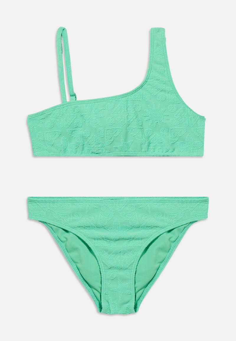 Ensemble bikini vert menthe texturé avec un haut asymétrique à une épaule et un bas assorti taille basse.
