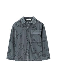 Grijze corduroy overhemd met een glimlachend gezicht patroon, knopen aan de voorkant, borstzak en kraag. Lange mouwen met knopenmanchetten.