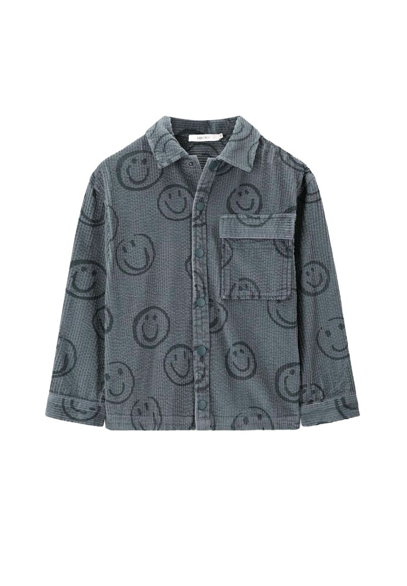 Grijze corduroy overhemd met een glimlachend gezicht patroon, knopen aan de voorkant, borstzak en kraag. Lange mouwen met knopenmanchetten.