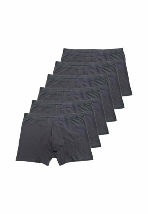 Sei boxer da uomo grigio scuro impilati, che mostrano il davanti con elastici in vita e dettagli di cucitura sottili.