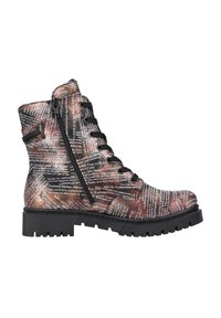 Schnürstiefeletten mit einem strukturierten Obermaterial in Braun und Schwarz mit Textmuster und einer robusten schwarzen Sohle. Reißverschlussdetail an der Seite.
