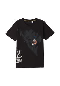 Camiseta de algodón negra con gráficos de estilo graffiti en azul, naranja y blanco, con cuello redondo y mangas cortas.