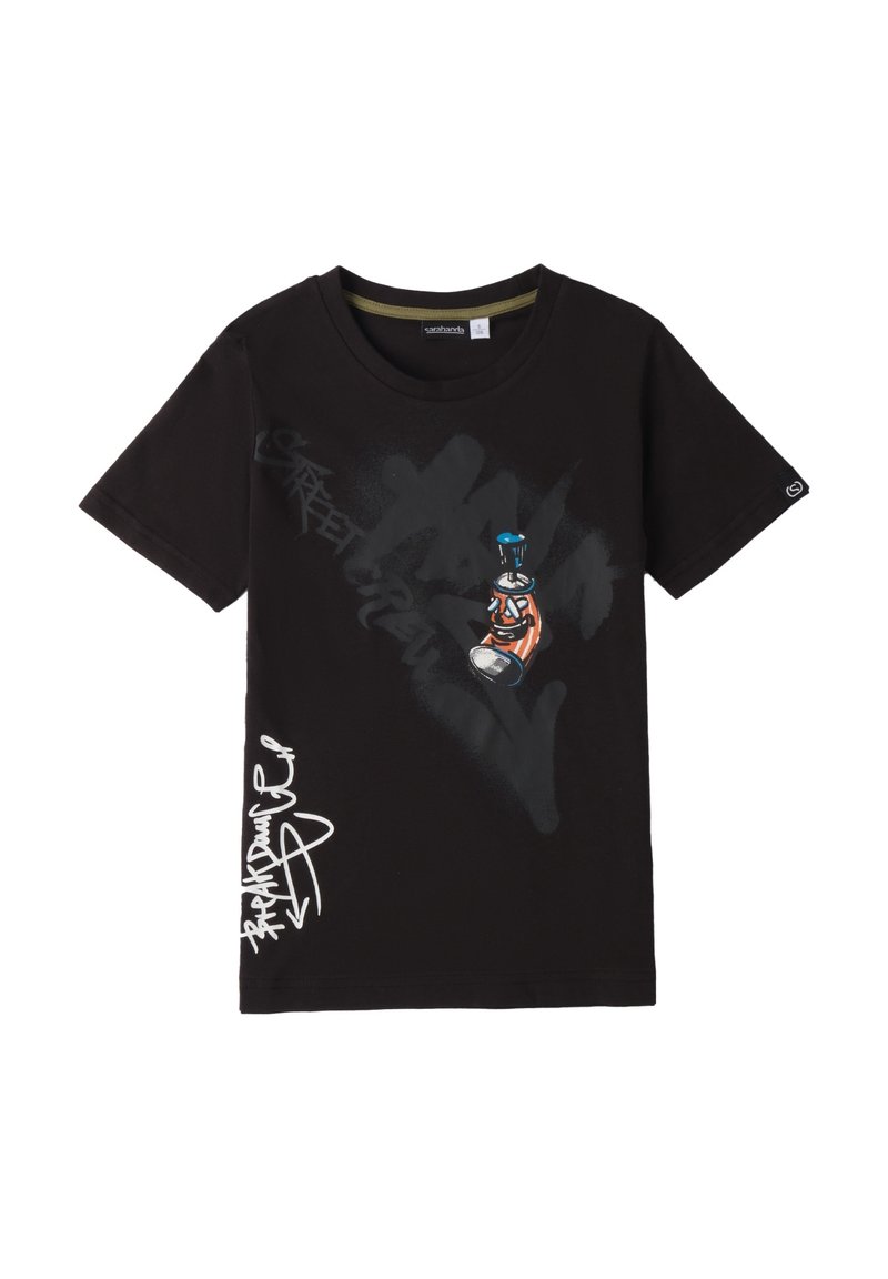 Camiseta de algodón negra con gráficos de estilo graffiti en azul, naranja y blanco, con cuello redondo y mangas cortas.