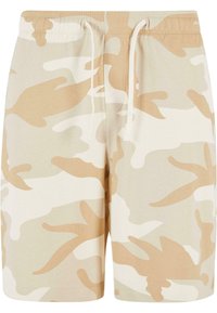 Beige camouflage shorts made from soft fabric, featuring a drawstring waist and a relaxed fit. Patterns in varying shades of beige and cream.