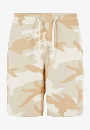 Béžové maskáčové šortky vyrobené z měkké látky, s elastickým pasem a uvolněným střihem. Vzory v různých odstínech béžové a krémové.
