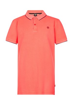 Koraalkleurig poloshirt met korte mouwen, twee knopen, marineblauwe biezen op kraag en mouwen, en een klein rond logo op de linkerborst.