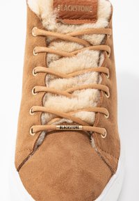 Brown suede high-top sneaker with faux fur lining, gold eyelets, and a branded leather tag. White rubber sole and contrasting stitching details.