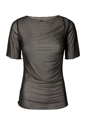 Czarna przezroczysta bluzka z krótkimi rękawami, z drapowanym wzorem i teksturowaną tkaniną. Marszczenia dodają wymiaru w całej bluzce.