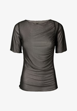 Czarna przezroczysta bluzka z krótkimi rękawami, z drapowanym wzorem i teksturowaną tkaniną. Marszczenia dodają wymiaru w całej bluzce.