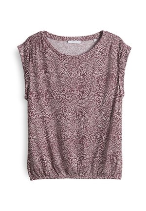 Kortademig, bordeaux gekleurde top met een ronde hals en geplooide details op de schouders en onderrand, met een gestructureerd mozaïekontwerp.