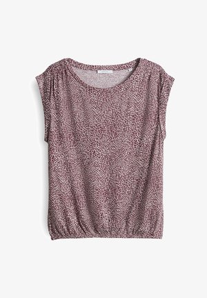 Kortademig, bordeaux gekleurde top met een ronde hals en geplooide details op de schouders en onderrand, met een gestructureerd mozaïekontwerp.