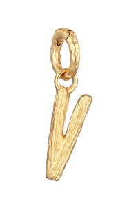 Goldfarbener Anhänger in Form eines stilisierten Buchstabens "V" mit einem strukturierten, organischen Design und einer Schlaufe oben zur Befestigung.