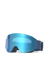 Skidglasögon med en blank blå ram och stor, reflekterande blå lins. Mjukt skumfoder på de inre kanterna och justerbart band för passform.