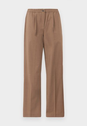 Bruine, wijde broek met een elastische tailleband en een knoopsluiting. Herenstructuur met een subtiele glans en geen zichtbare patronen.