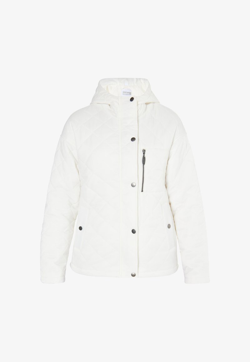 White quilted jacket with a hood, featuring black snap buttons, a zippered chest pocket, and a smooth, textured finish.